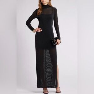 NWT Open Edit Metallic Long Sleeve Stretch Mesh Maxi Dress